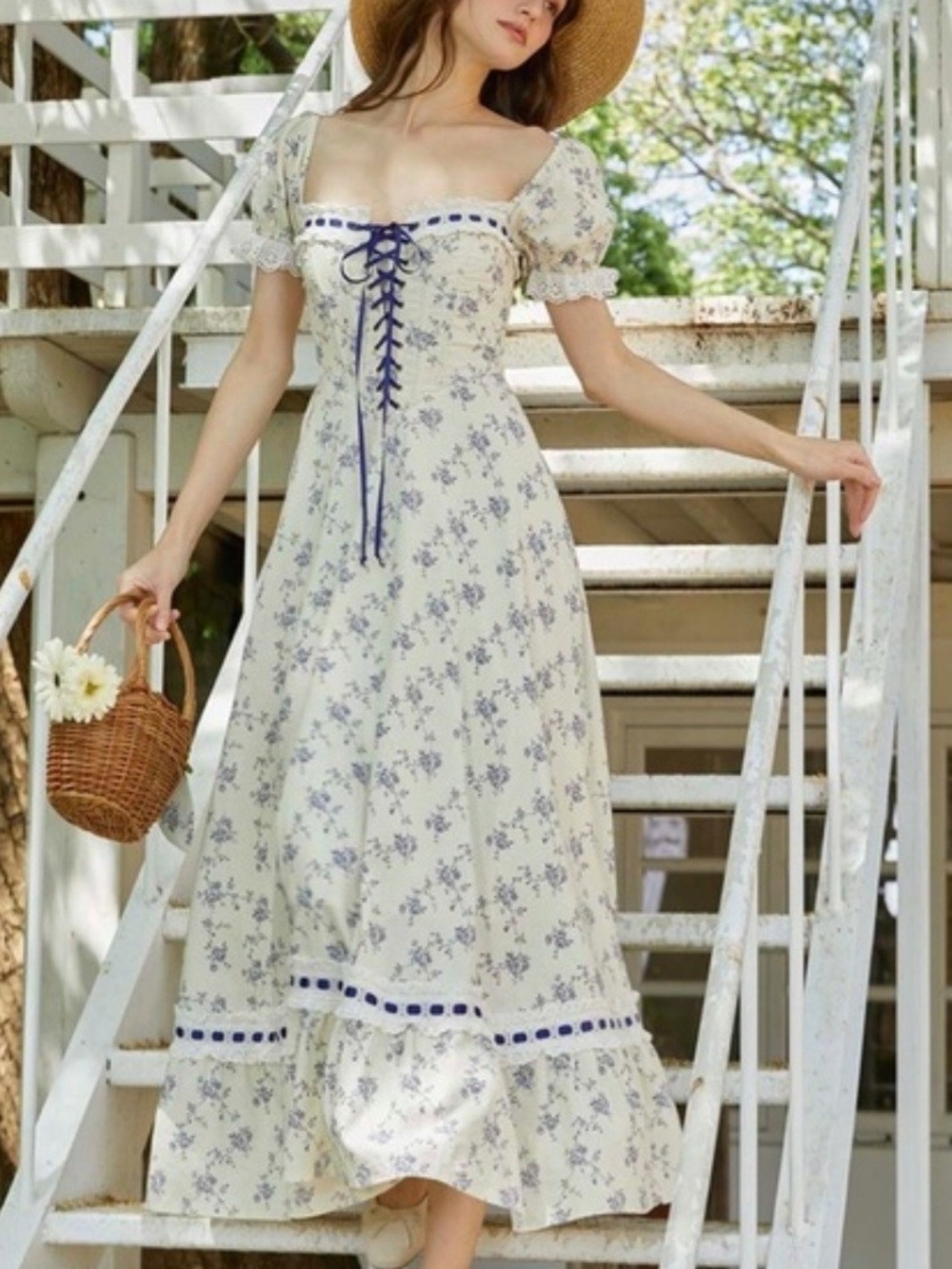 Romantic Cream Maxi Dress with Blue Floral Print and Lace-Up Bodice